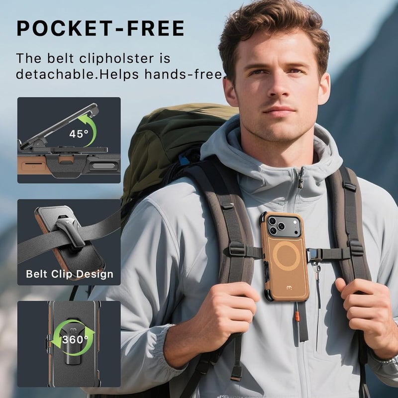 M MYBAT PRO for iPhone 17 Pro Case with Belt Clip Holster,[Compatible with Magsafe] w/Screen Protector,Anti-Drop,Shockproof,w 360°Rotating Kickstand,Heavy Duty Protection (Brown) - Image 4